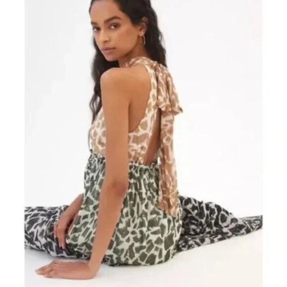 Anthropologie Maeve Keyhole Animal Print Halter Maxi Dress Tiered Large Boho - Picture 9 of 11